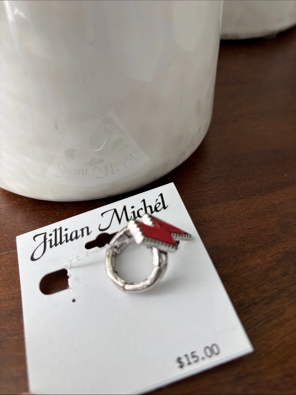 Jillian Michel Lightening Bolt Silvertone & coral  stretch ring